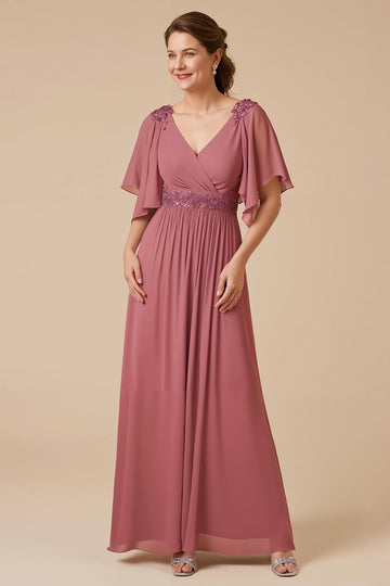 Desert Rose Chiffon Une Ligne Appliquée Mère de la Mariée Robe Avec Manches